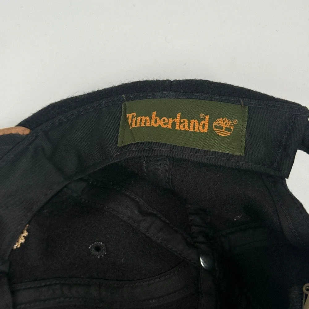 Timberland Baseball Cap Wool Leather Brim Black Strapback Logo Casual Outdoor OS
